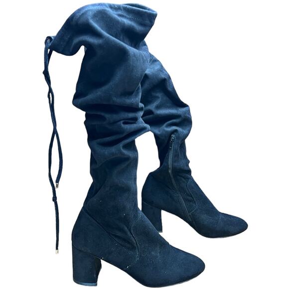 Steve Madden OSANA Fabric Pull On Knee High Slouchy Block Heel Boots 8.5 Black - Picture 1 of 11